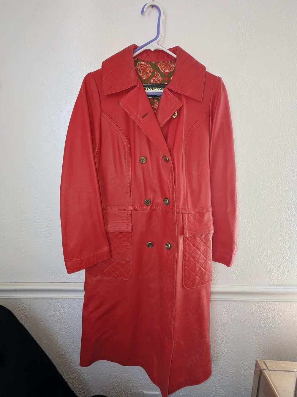 Red Leather Double-Breasted Coat